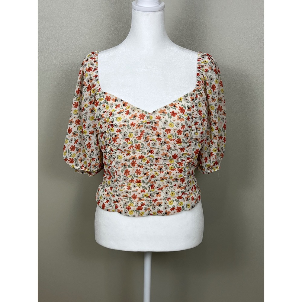 Lush Red Yellow‎ Floral Ruched Puff Sleeve Smocked Blouse LT16883-FCI Womens L